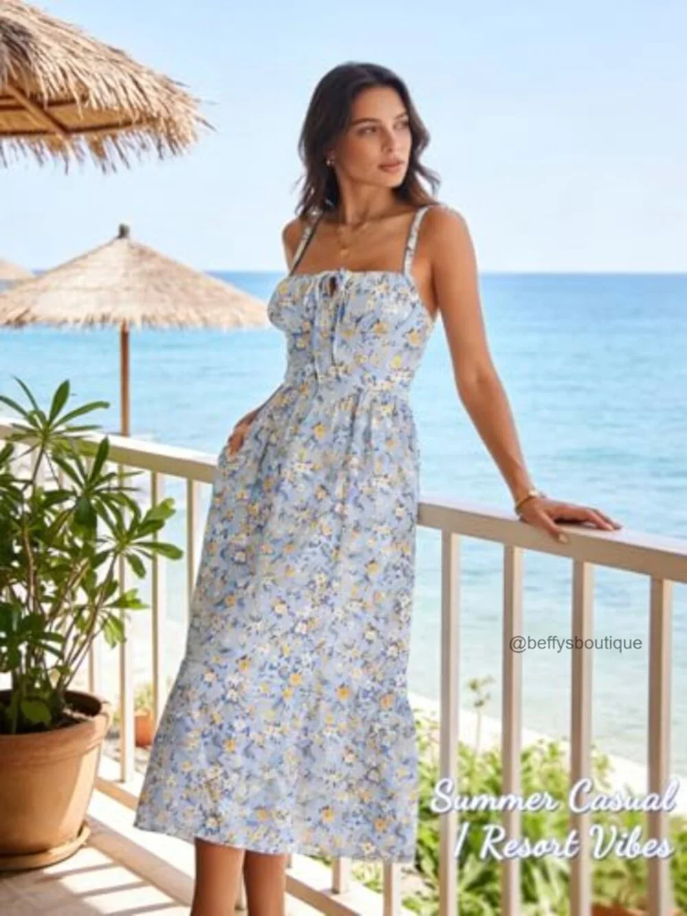 Flowy A-Line Midi Sundress with Pockets Spaghetti Strap Lace Up Corset